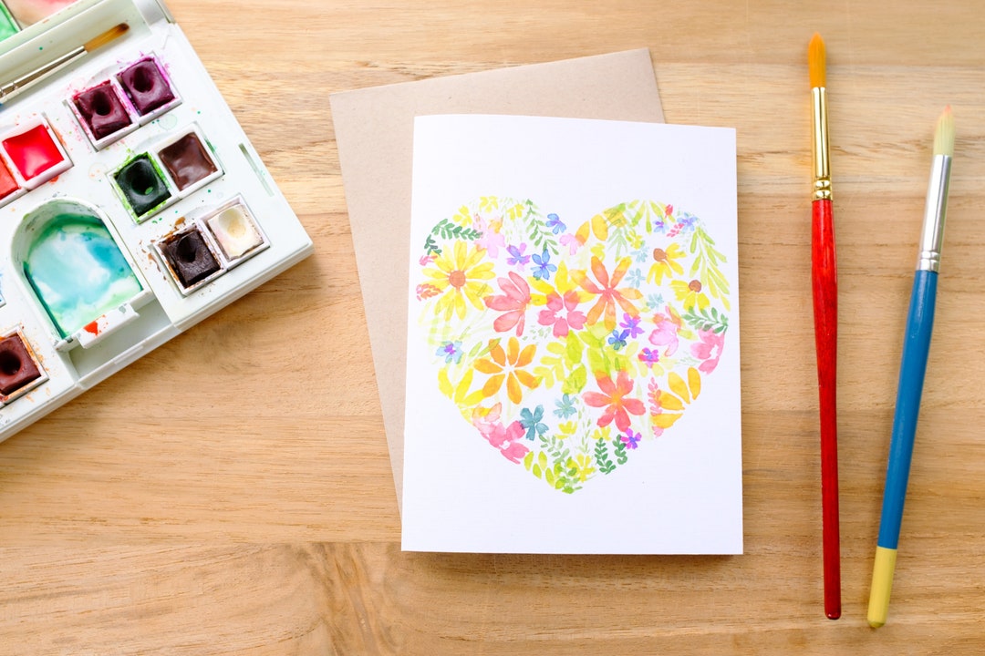 Watercolor Floral Heart Card Handmade Watercolor Greeting - Etsy