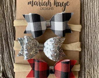 Buffalo Plaid Hair Bow Faux Leather Baby Bows Toddler Hair Bows Baby Girl Bows Newborn Headband Silver Glitter