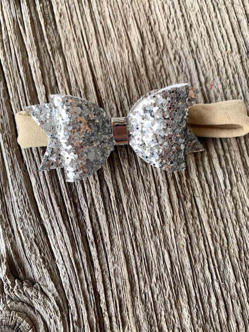 Buffalo Plaid Hair Bow Faux Leather Baby Bows Toddler Hair Bows Baby Girl Bows Newborn Headband Silver Glitter