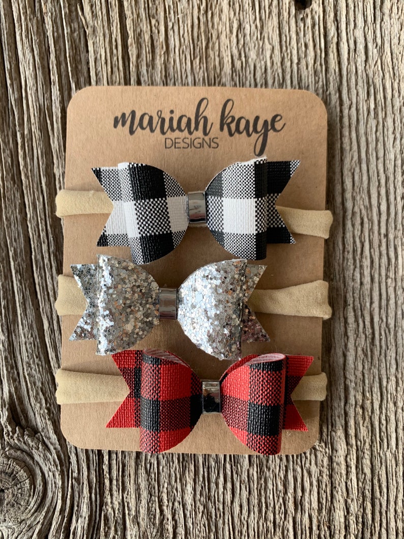 Buffalo Plaid Hair Bow Faux Leather Baby Bows Toddler Hair Bows Baby Girl Bows Newborn Headband Silver Glitter