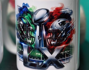 Superbowl LX Ceramic Mug, Seahawks vs Patriots