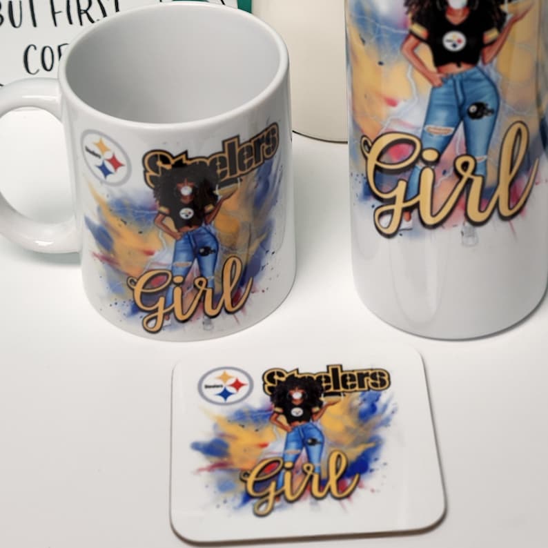Pittsburg Steelers drinkware - mug, tumbler, and coaster.