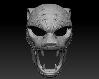 May include: A 3D printed model of a black panther mask. The mask is detailed with a textured surface and a fierce expression.