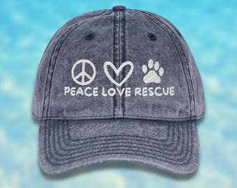 Embroidered Peace Love Rescue Hat | Cotton Animal Lover Baseball Cap