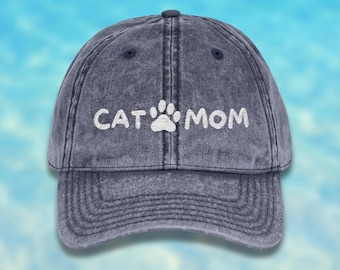 Cat Mom Embroidered Hat | Gifts for Cat Lovers | Washed Out Cotton Baseball Cap