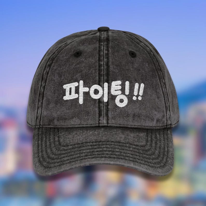May include: A distressed black baseball cap with the Korean text "파이팅!!" embroidered in white. The cap has a curved brim and a classic six-panel design. The background is a blurred image of a cityscape.