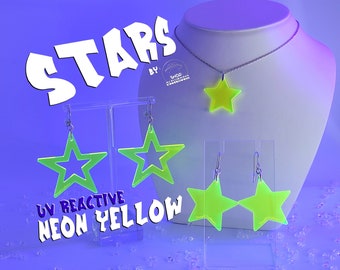 Neon Yellow Star Earrings • Neon Yellow Star Necklace • Hypoallergenic • Neon Earrings • Cyber y2k • Funky Earrings • Rave Wear