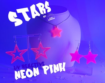 Neon Pink Star Earrings • Neon Pink Star Necklace • Hypoallergenic • Neon Earrings • Cyber y2k • Funky Earrings • Rave Wear