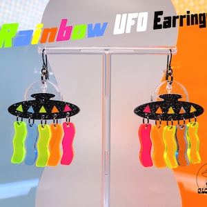 UFO Earrings • Rainbow • Alien Earrings • Hypoallergenic • Lightweight • Space Earrings • Rave Accessories