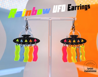 UFO Earrings • Rainbow • Alien Earrings • Hypoallergenic • Lightweight • Space Earrings • Rave Accessories