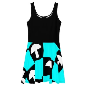 Mushroom Skater Dress – Whimsical Checkerboard Print in  Blue - Black Witchy Rave Fashion