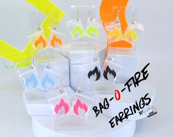Bag-O-Fire Earrings • Edgy Earrings • Fire Earrings • Neon Earrings • Rave Wear • Alt Earrings • Flame Earrings