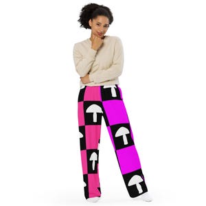Trippy Pink Mushroom Pants – Purple & Black Checkerboard Psychedelic Joggers