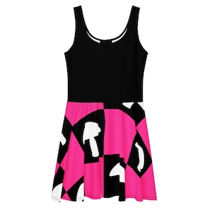 Mushroom Skater Dress – Whimsical Checkerboard Print in Pink & Black Witchy Rave Fashion