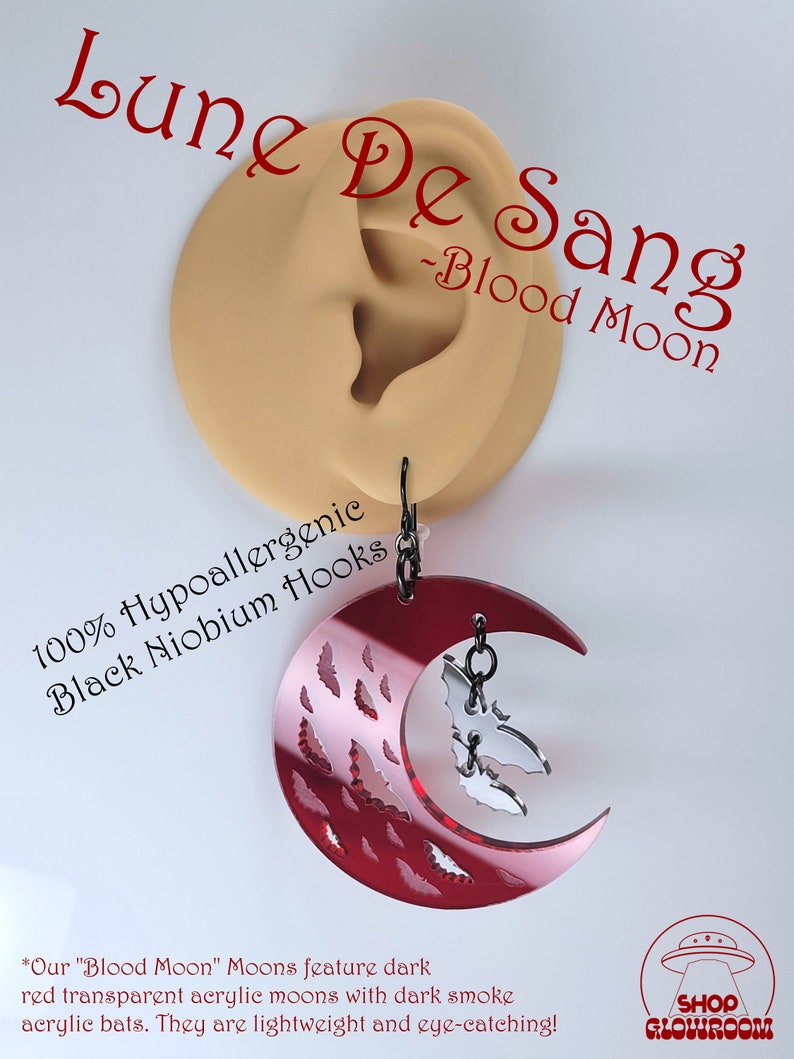 Moon Earrings Bat Earrings Moon and Bat Earrings Crescent Moon Earrings Celestial Earrings Nu Goth Earrings Witchy Earrings Lune De Sang