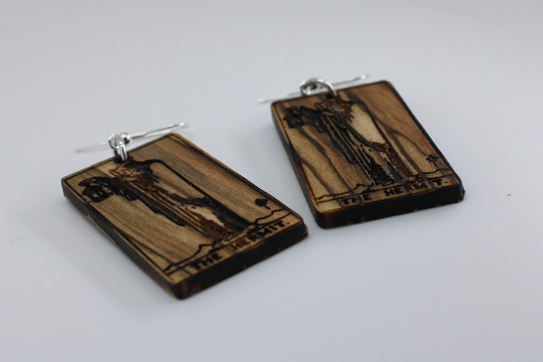 The Hermit Tarot Earrings Tarot Card earrings Solid Engraved Ambrosia Maple Tarot Earrings Tarot Jewelry Mini Tarot