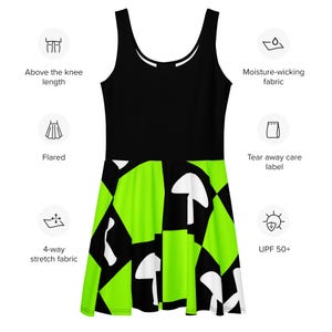 Mushroom Skater Dress – Whimsical Checkerboard Print in Green- Black Witchy Rave Fashion