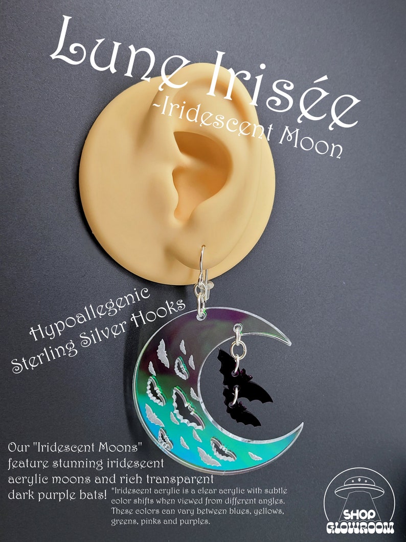 Moon Earrings Bat Earrings Moon and Bat Earrings Crescent Moon Earrings Celestial Earrings Nu Goth Earrings Witchy Earrings Lune Irisée