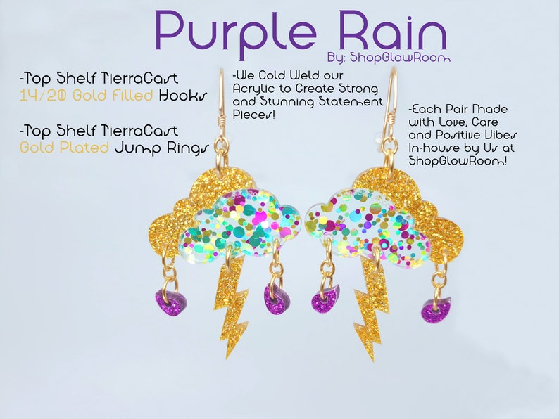 May include: Purple Rain earrings with gold filled hooks and gold plated jump rings. The earrings feature a cloud with gold glitter and a lightning bolt with purple raindrops.