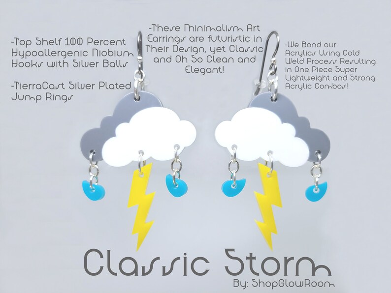May include: A pair of silver earrings featuring a white cloud with a gray top, a yellow lightning bolt, and three blue raindrops. The earrings are made of acrylic and are lightweight and strong. "Classic Storm" is written below the earrings. "By: ShopGlowRoom" is written below the text.
