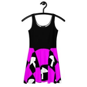 Mushroom Skater Dress – Whimsical Checkerboard Print in Purple- Black Witchy Rave Fashion