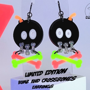 Limited Edition Bomb and Crossbones • Edgy Earrings • Alt Earrings • Rave Wear • Neon Earrings • Alt Fashion • Synthwave