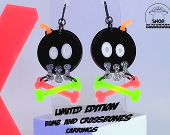 Limited Edition Bomb and Crossbones • Edgy Earrings • Alt Earrings • Rave Wear • Neon Earrings • Alt Fashion • Synthwave