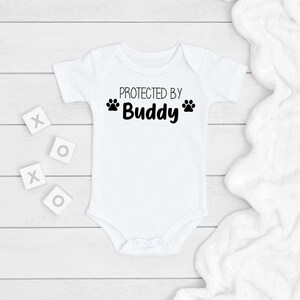 Protected by My Pet, Funny Baby ONESIE®, Newborn Baby Gift for Pet Lovers, Dog Onesie, Cat Onesie, Pet Baby Announcement, Personalized