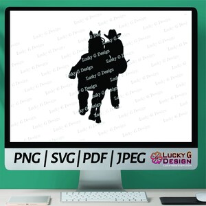 May include: Black silhouette of a person riding a horse. The person is wearing a cowboy hat and the horse is running. The image is on a white background.