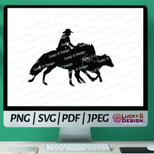 May include: Silhouette of a cowgirl riding a horse with two calves running alongside. The image is in black and white.
