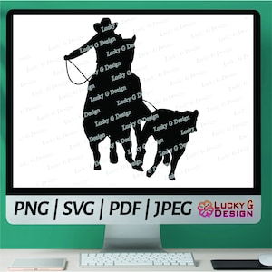 May include: Black silhouette of a cowboy riding a horse and roping a calf. The image is set against a white background.