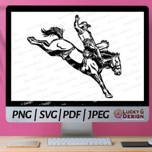 Puede incluir: Gráfico en blanco y negro de un vaquero de rodeo montando un caballo salvaje. El vaquero lleva sombrero y chaparreras, con un brazo levantado. Incluye el texto "PNG | SVG | PDF | JPEG" y "LUCKY G DESIGN".