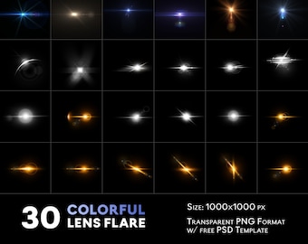 Colorful Lens Flare Bundle, Glowing Effects, Starlight PNGs, Shining Light Effects, Lens Flare Overlays, PNG Set, Glowing Artistic Effects