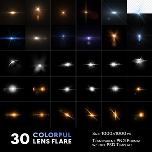 Colorful Lens Flare Bundle, Glowing Effects, Starlight PNGs, Shining Light Effects, Lens Flare Overlays, PNG Set, Glowing Artistic Effects