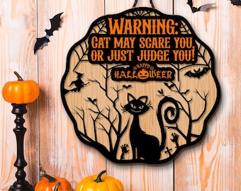 Happy halloween door hanger svg Halloween Cat Lover sign svg Front door sign laser cut files Fall sign svg Glowforge Files files for cricut
