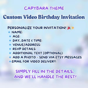Personalized capybara birthday video invitation with a cute and kawaii capybara design. Customize with your photo for a Capy birthday party. Digital and printable format for a fun Capybara party invite. Share online or send via message for a unique celebration.