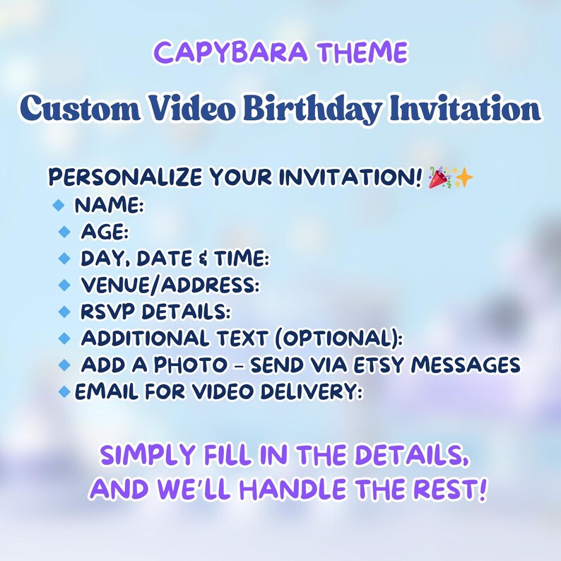 Personalized capybara birthday video invitation with a cute and kawaii capybara design. Customize with your photo for a Capy birthday party. Digital and printable format for a fun Capybara party invite. Share online or send via message for a unique celebration.