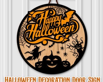 Happy Halloween door hanger svg, Fall sign svg, Halloween decoration, glowforge cricut front door sign laser cut files spooky home decor svg