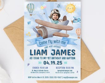 1-Page Pilot Aviator Birthday Baptismal Invitation with Baby Picture, Jet Pilot Boy Military Airplane Editable Template Digital Invitation