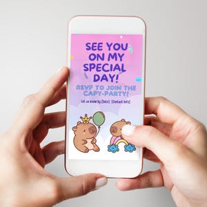 Personalized Capybara party invitation featuring a custom video design. Add your picture for a fun and cute Capy birthday invite. Kawaii capybara theme perfect for kids' celebrations. Instantly customize, download, and share online for a creative and memorable party invite.
