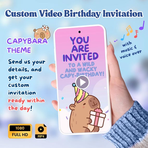 Custom Video Birthday, Capybara Invitation, Capybara Birthday, Capy Birthday, Kawaii Capybara, Capybara Party Invite, Capybara Cute Invite
