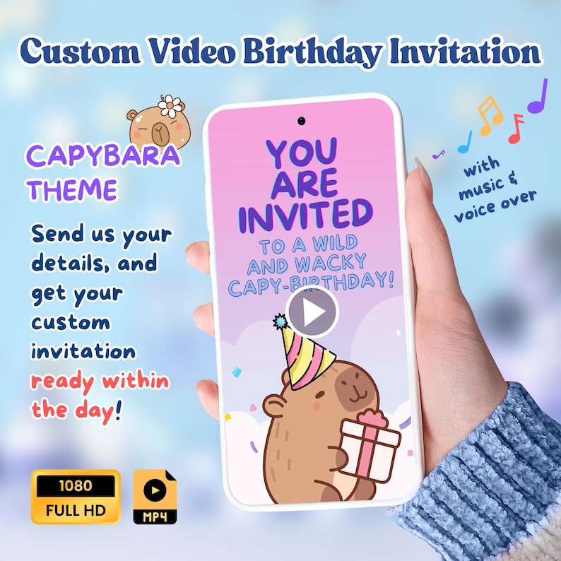 Custom video birthday invitation featuring a cute capybara design. Personalize with your picture for a fun Capybara birthday party. Perfect for a kawaii capybara theme, capy birthday, or kid’s celebration. Instantly customize and share digitally for a unique party invite.