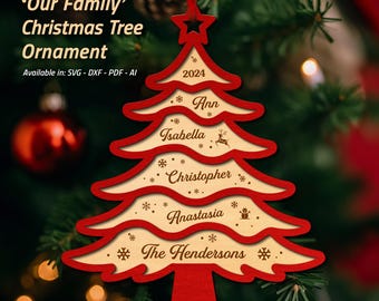 May include: Red wooden Christmas tree ornament with the text "Our Family" and the year "2024" at the top. The names "Ann", "Isabella", "Christopher", "Anastasia", and "The Hendersons" are written on the tree.