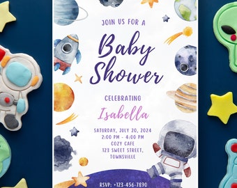 Outer Space Astronaut Baby Shower Birthday Invitation Template, Planets Rocket Ship Invite, Galaxy Blast Off Invitation, Editable Invitation