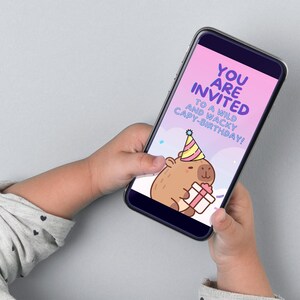 Capybara-themed video birthday invitation with a kawaii capybara design. Personalize with your photo for a unique digital Capy birthday invite. Great for kids' birthdays and Capybara party invites. Easy to edit, download, and send online for a stylish party announcement.