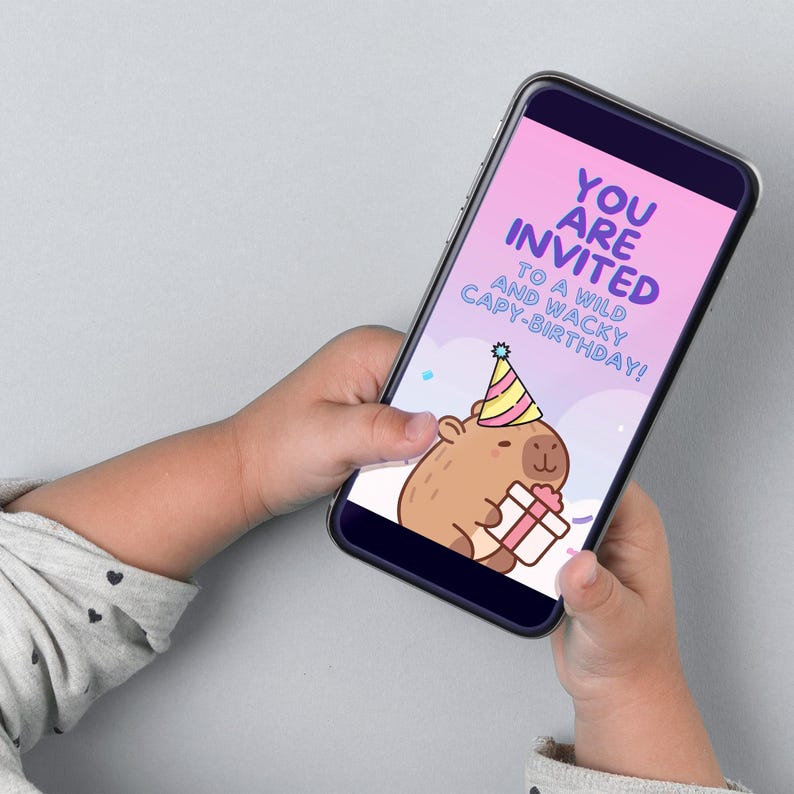 Capybara-themed video birthday invitation with a kawaii capybara design. Personalize with your photo for a unique digital Capy birthday invite. Great for kids' birthdays and Capybara party invites. Easy to edit, download, and send online for a stylish party announcement.