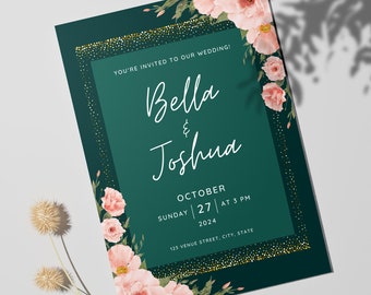 Emerald Green Floral Wedding Invitation Template, Printable Wedding Invitation, Wedding Invitation, Floral Wreath, Canva Template