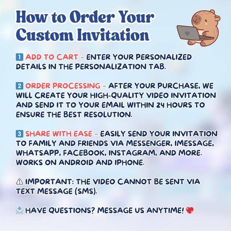Custom video Capybara birthday invitation with an adorable kawaii capybara illustration. Add your picture and personalize the design for a fun Capy birthday or kid’s party invite. Digital format for easy sharing. Celebrate in style with this cute animated invitation.