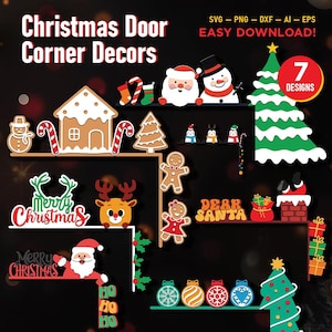 Puede incluir: Una colección de diseños de decoración navideña para esquinas de puertas. La imagen presenta varios elementos festivos, incluyendo Papá Noel, muñecos de nieve, hombrecitos de jengibre, árboles de Navidad y adornos. El texto incluye "Christmas Door Corner Decors" y "Easy Download!"