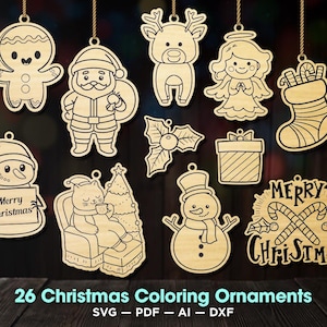 Puede incluir: Un conjunto de 26 diseños de adornos navideños en blanco y negro con varios temas navideños, que incluyen un hombre de jengibre, Papá Noel, un reno, un muñeco de nieve, un gato, una rama de acebo, un bastón de caramelo y un árbol de Navidad. Los adornos están listos para ser coloreados y utilizados para decorar.
